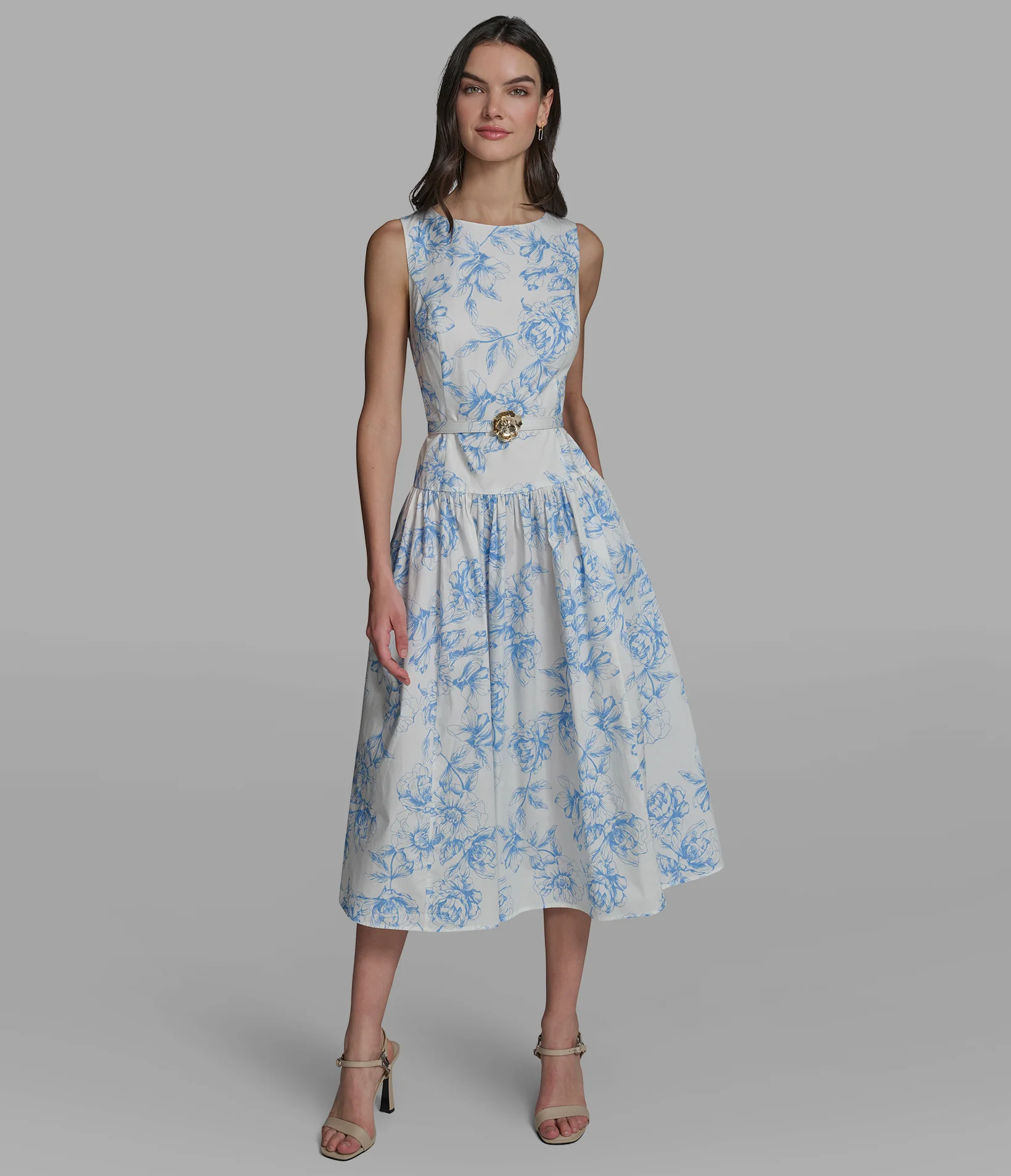 COTTON-POPLIN FLORAL DROP WAIST MIDI DRESS