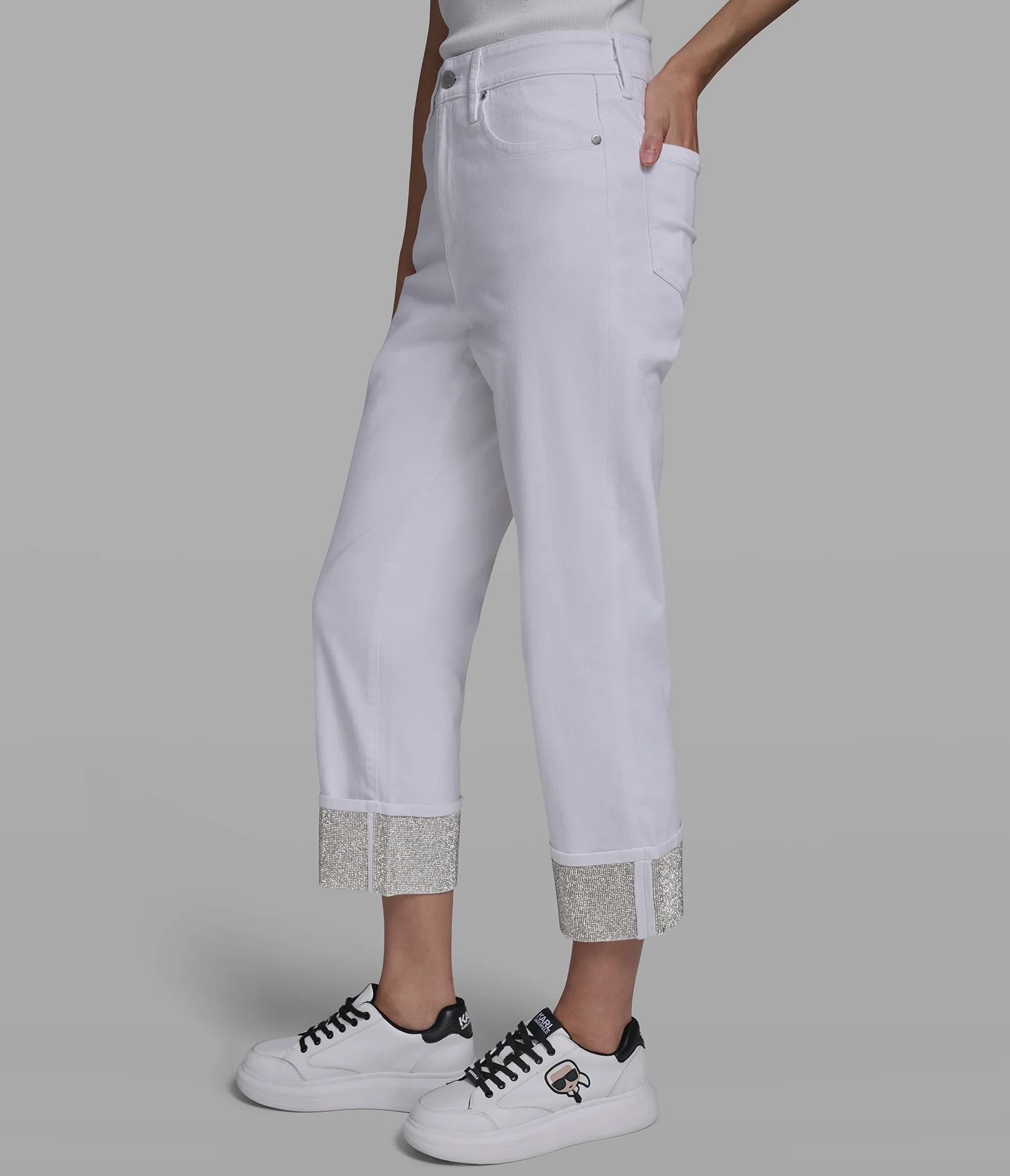 CROPPED MID-RISE COTTON-BLEND CRYSTAL CUFF STRAIGHT-LEG JEAN