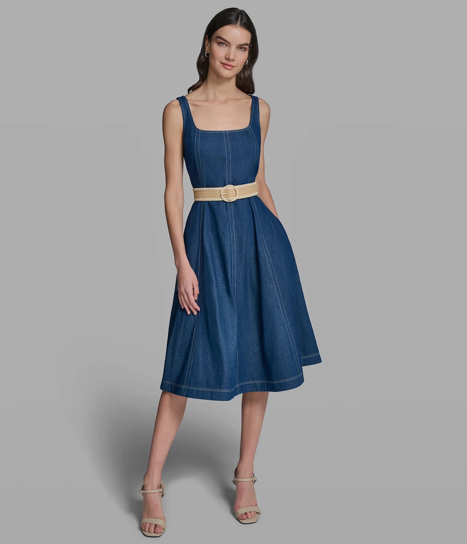 FAUX DENIM BELTED FIT AND FLARE DRESS