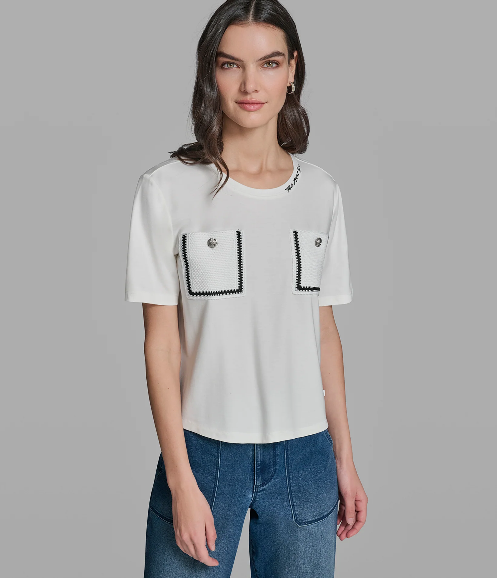 SHORT SLEEVE KNIT SHIRT WITH CROCHET POCKETS