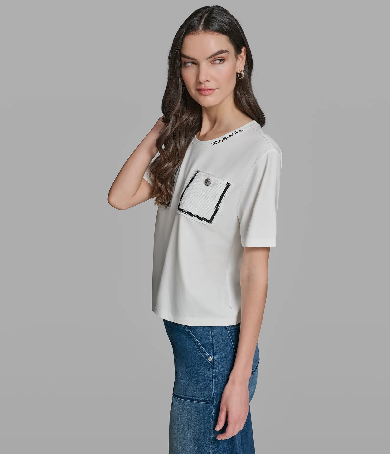 SHORT SLEEVE KNIT SHIRT WITH CROCHET POCKETS