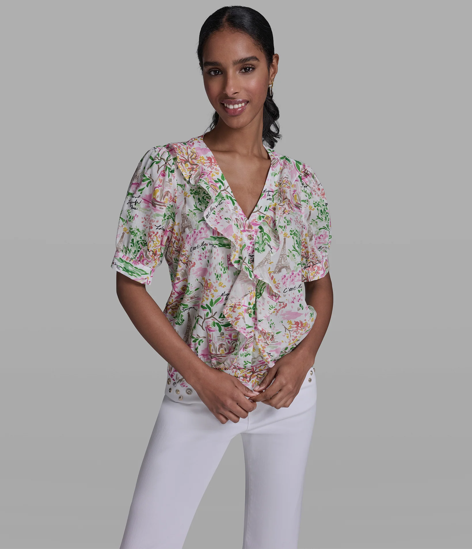 COTTON-POPLIN CONVERSATIONAL RUFFLE BLOUSE