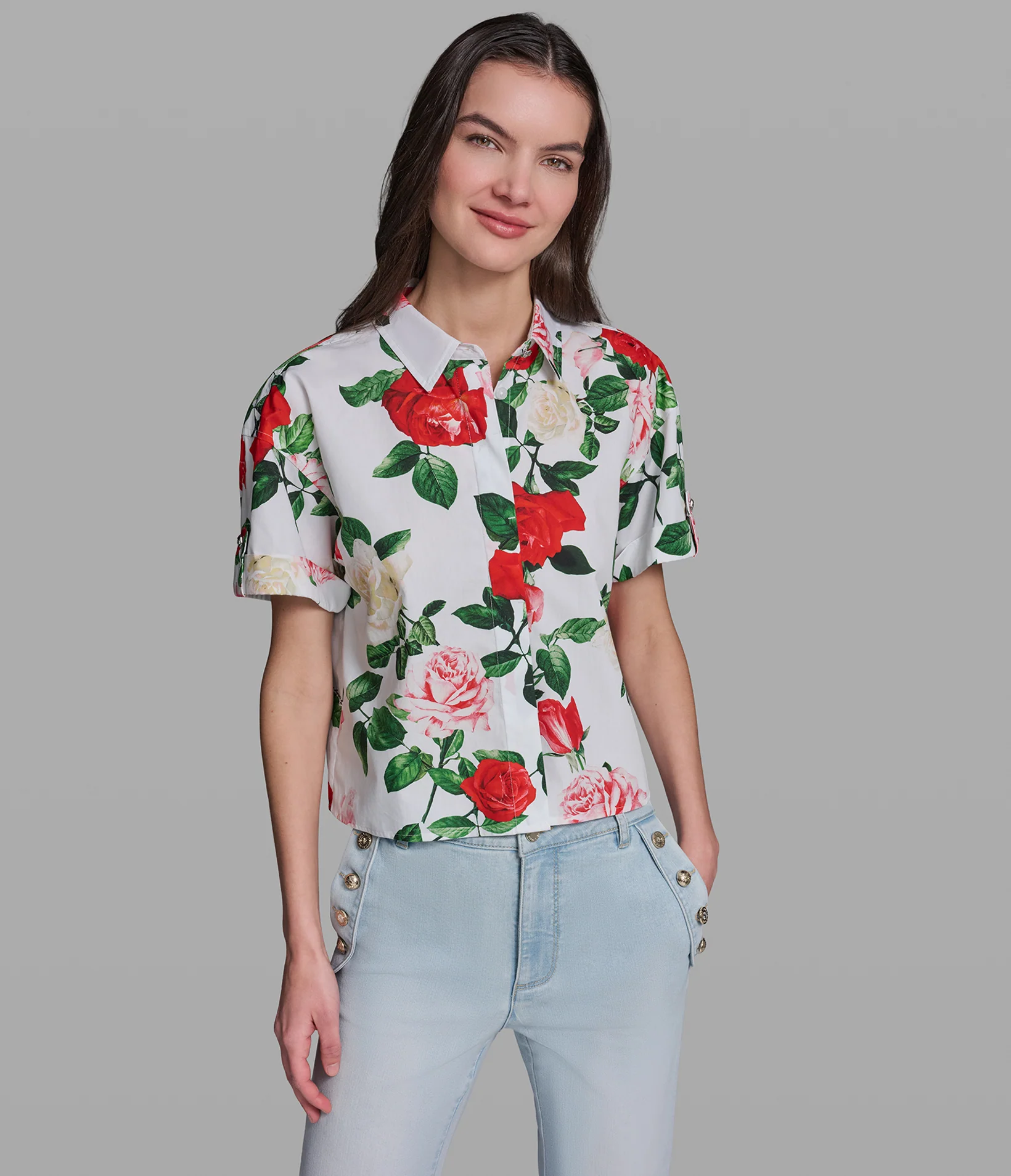 SHORT SLEEVE FLORAL PRINT POPLIN SHIRT