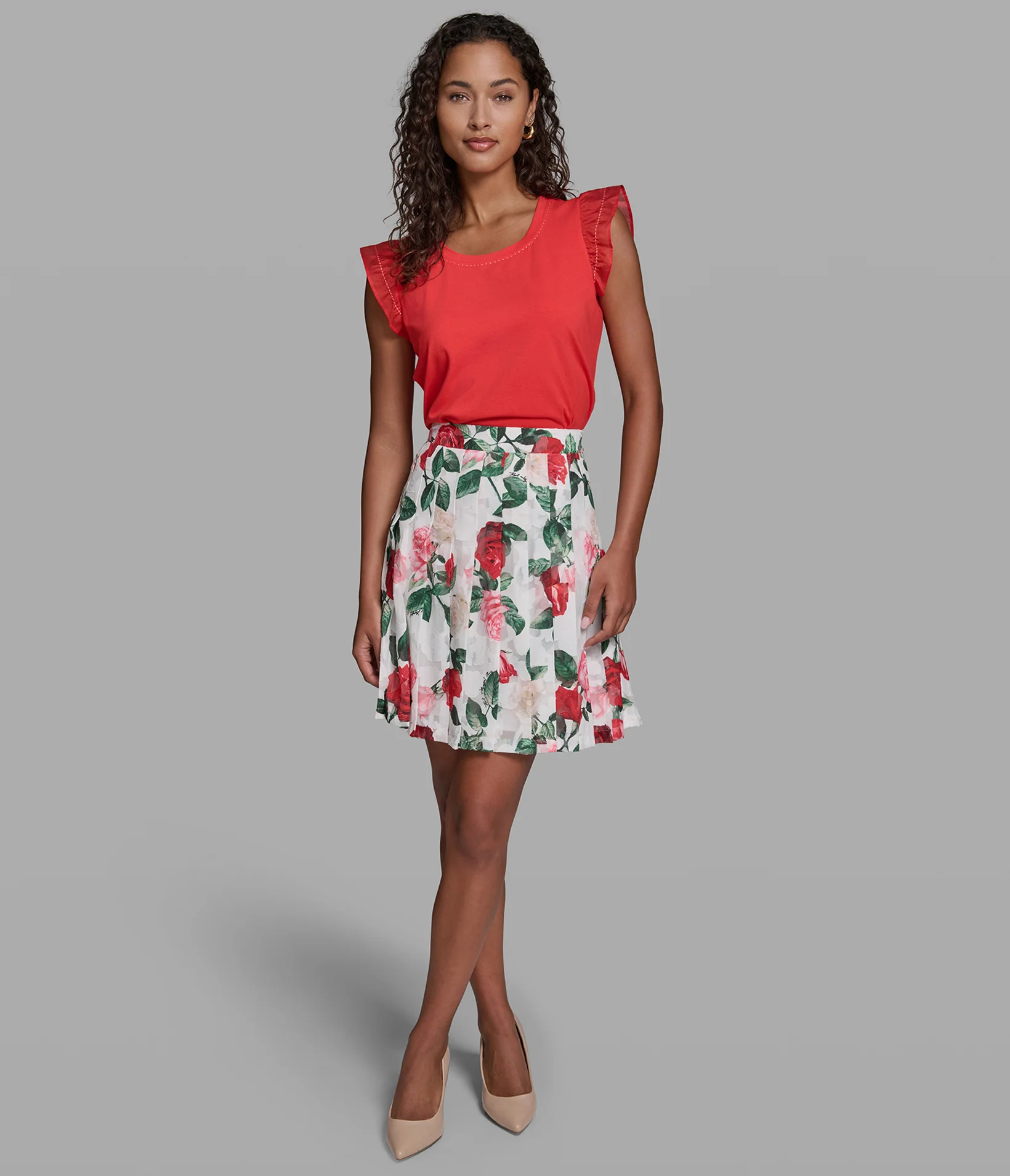 SATIN FLORAL PLEATED MINI SKIRT