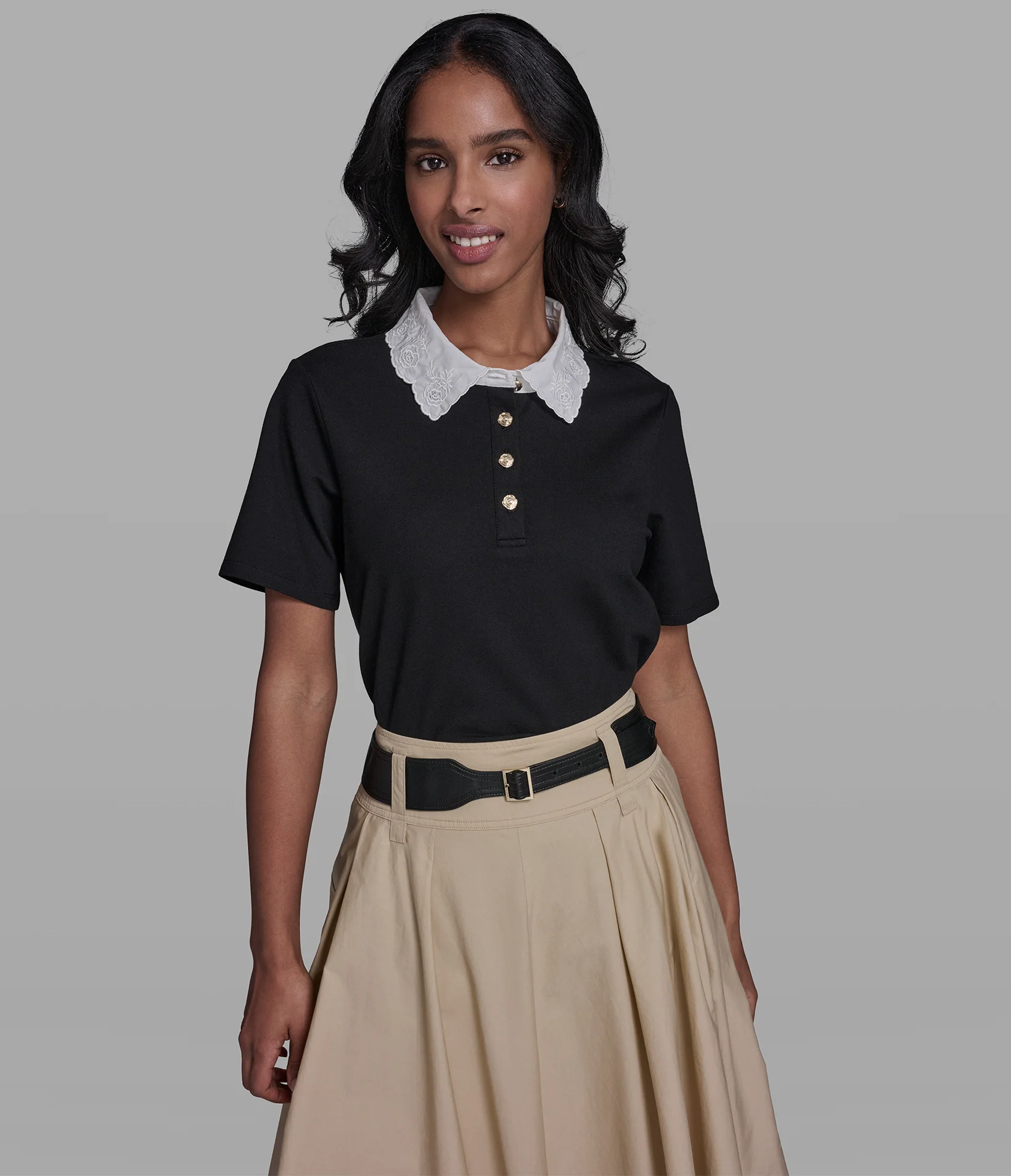 JERSEY FLORAL COLLAR POLO TOP
