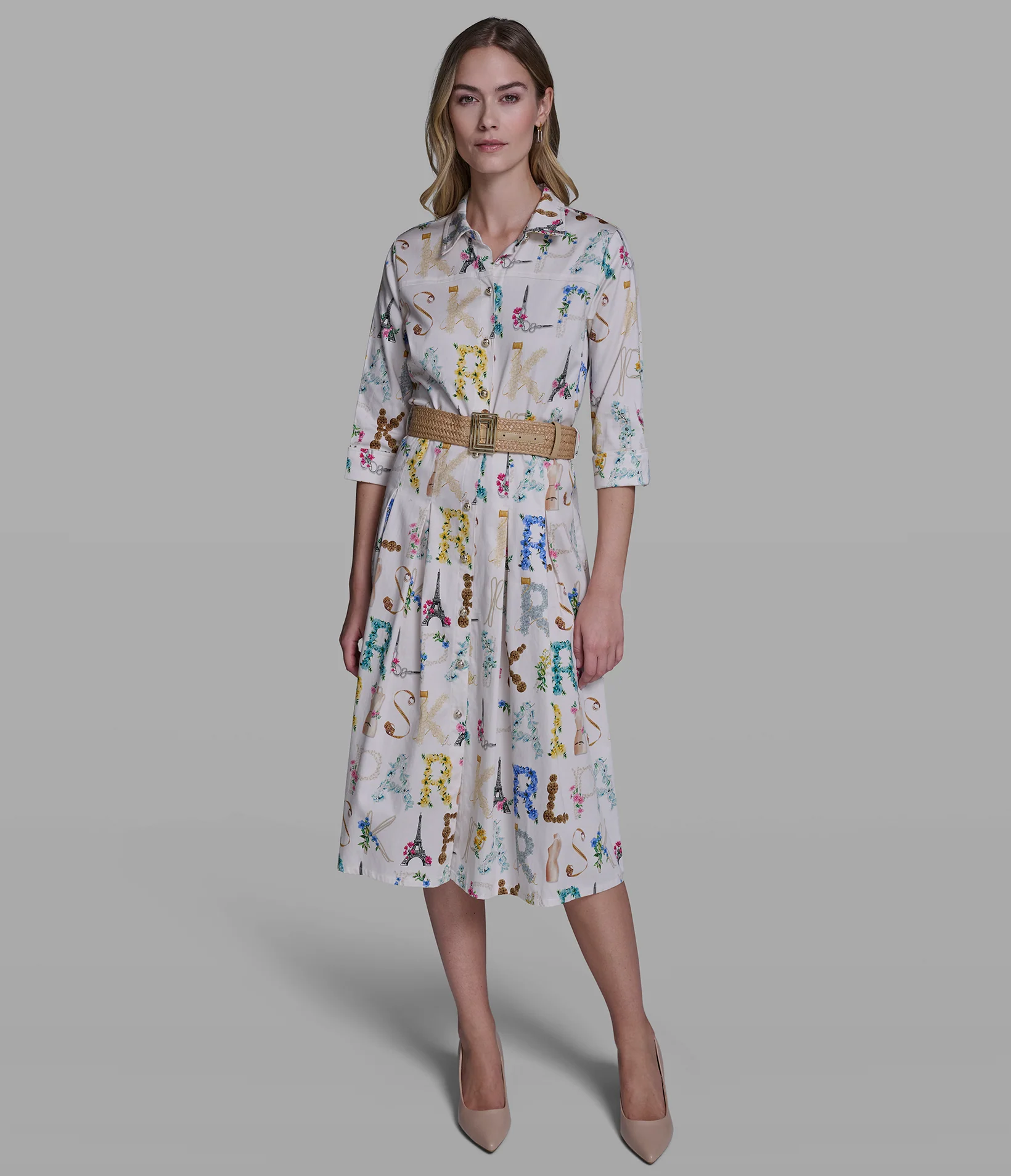STRETCH-COTTON LOGO PRINT PLEATED MIDI SHIRT DRESS