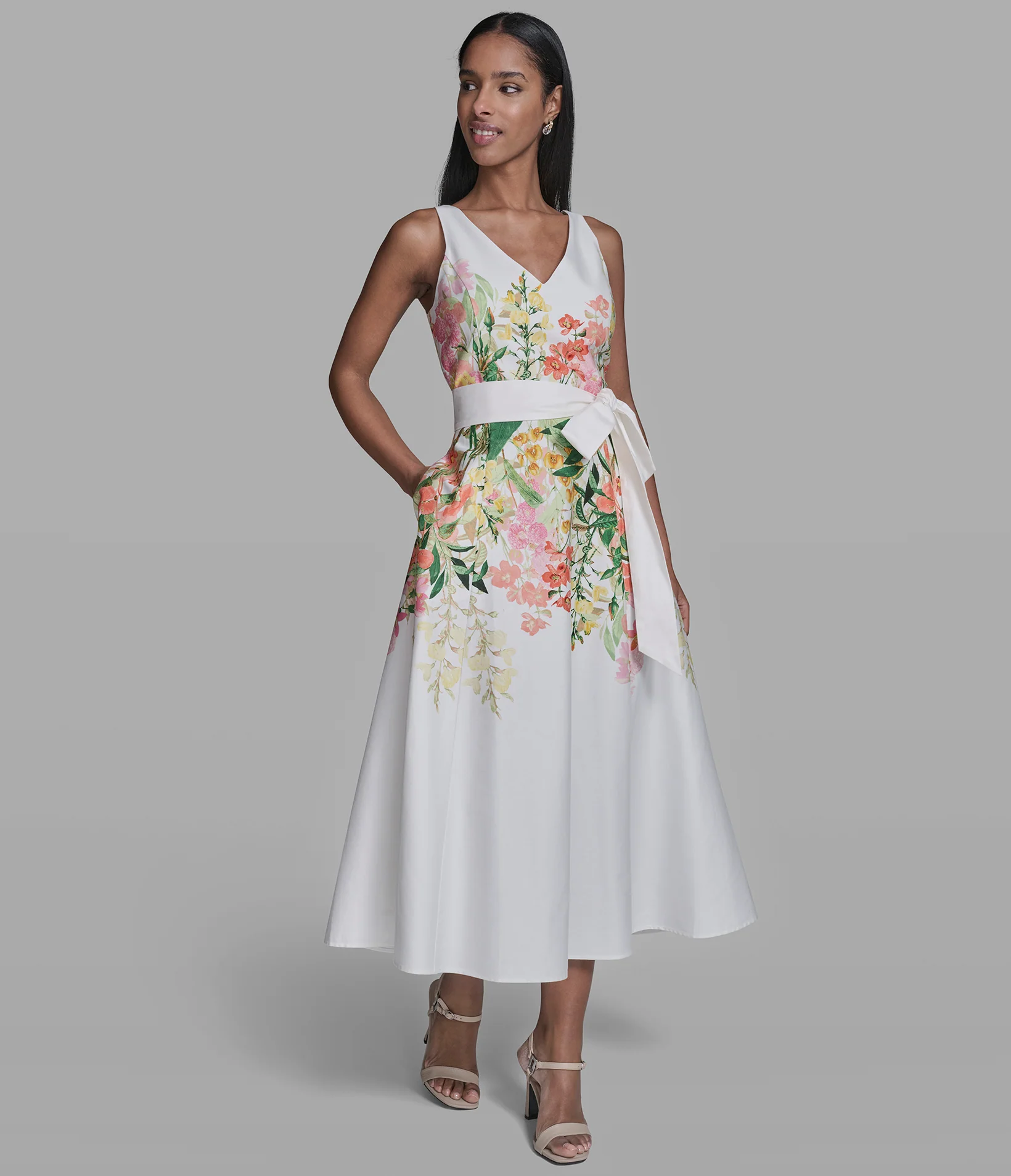 STRETCH-COTTON FLORAL MIDI DRESS