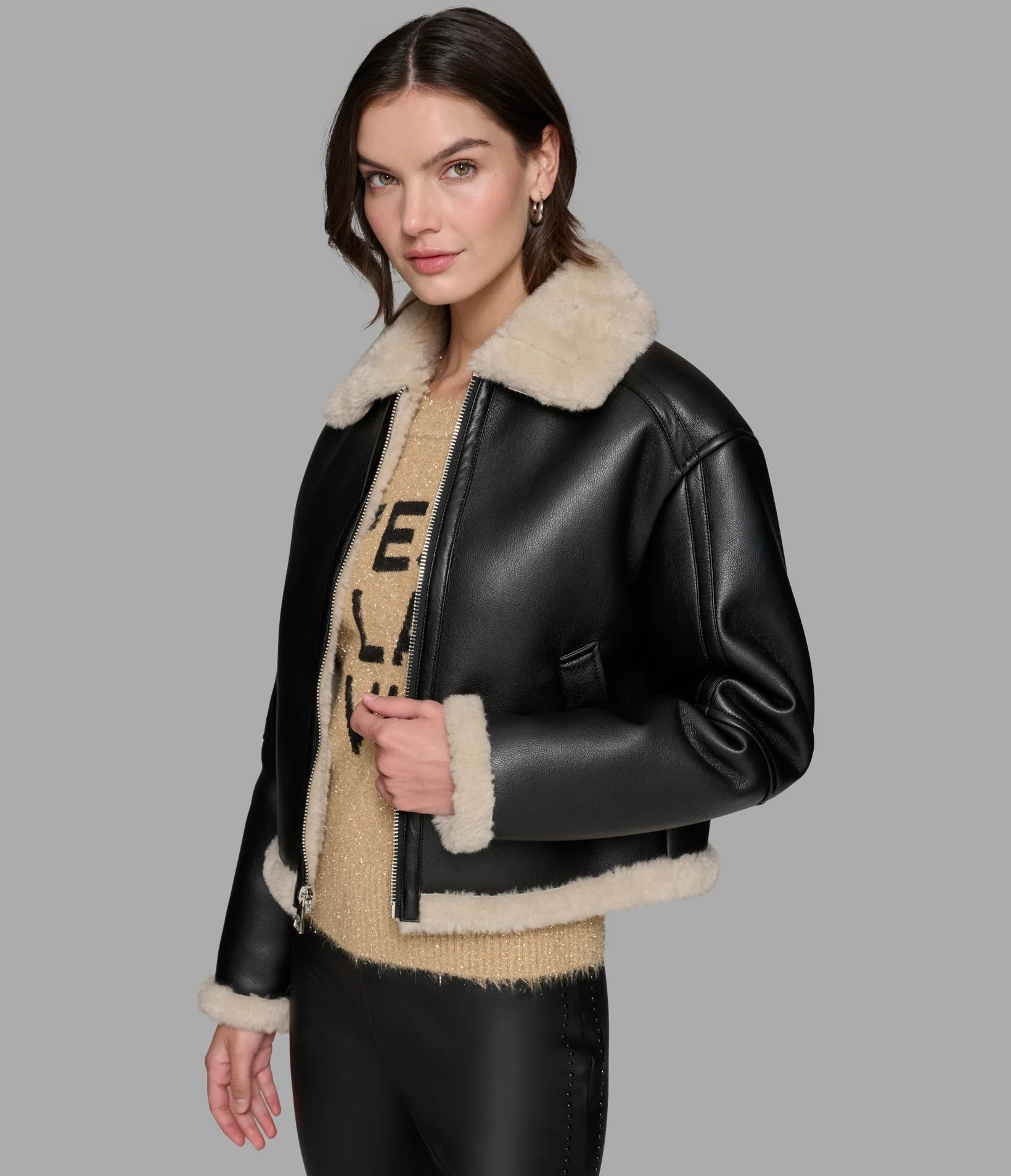 CROPPED FAUX LEATHER JACKET WITH FAUX SHEARLING