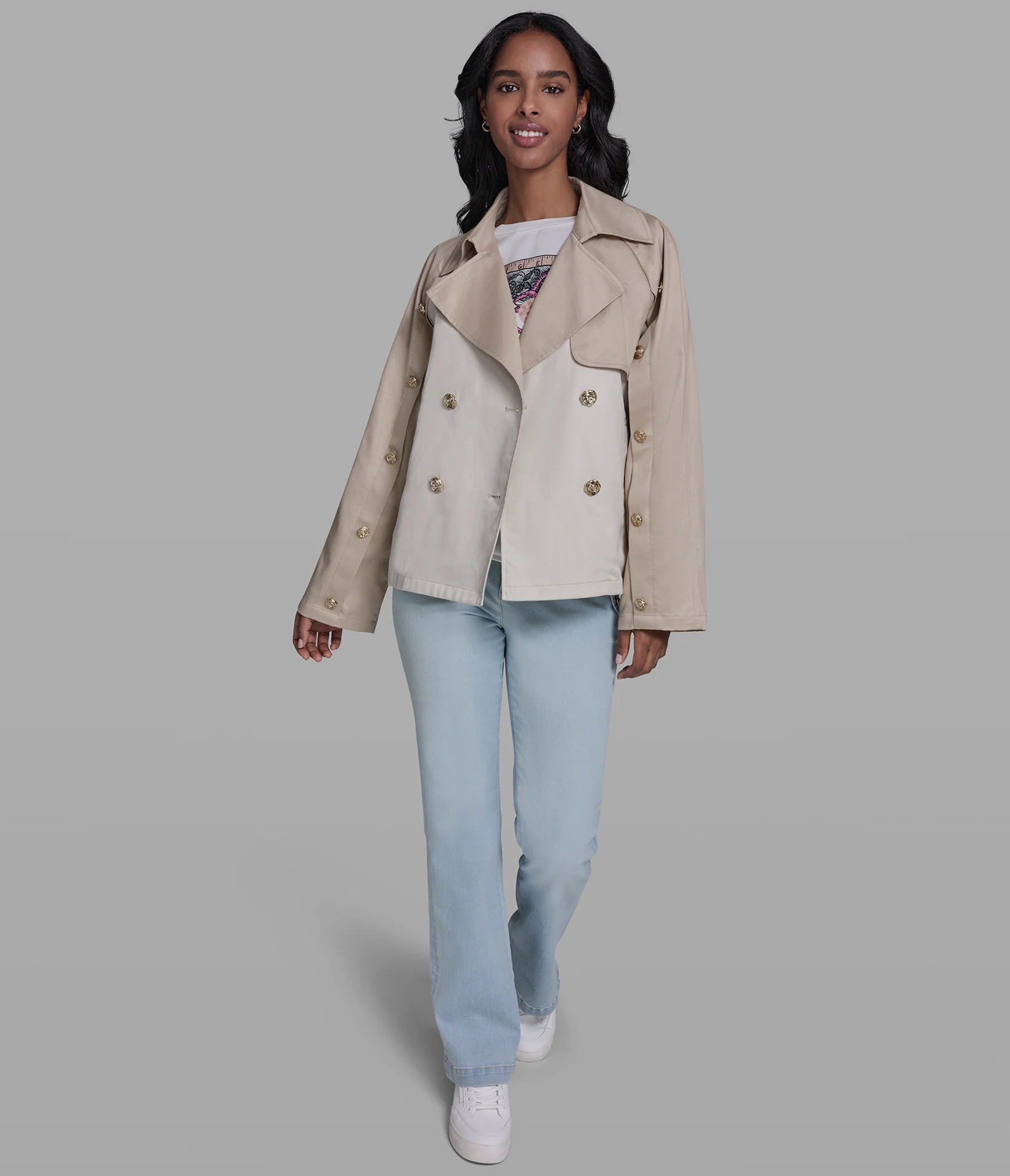 CROPPED COTTON AND TENCEL-BLEND MIXED-MEDIA TRENCH JACKET